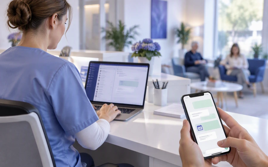 Praxisteam bearbeitet organisatorische WhatsApp-Anfragen in Microsoft Teams