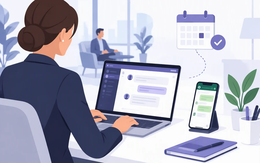 Uma consultora de atendimento ao cliente de um banco responde a pedidos de informação pelo WhatsApp no Microsoft Teams