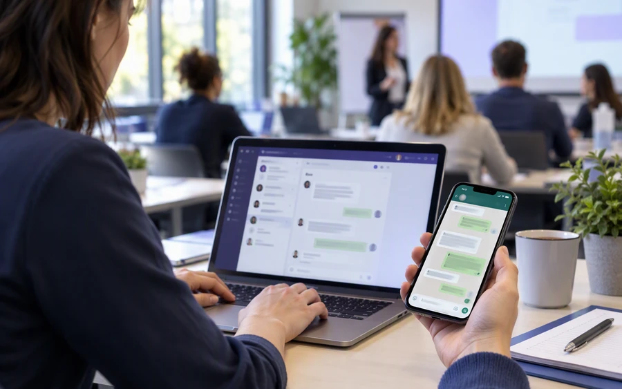 Mitarbeiterin der Kursverwaltung bearbeitet WhatsApp-Anfragen in Microsoft Teams