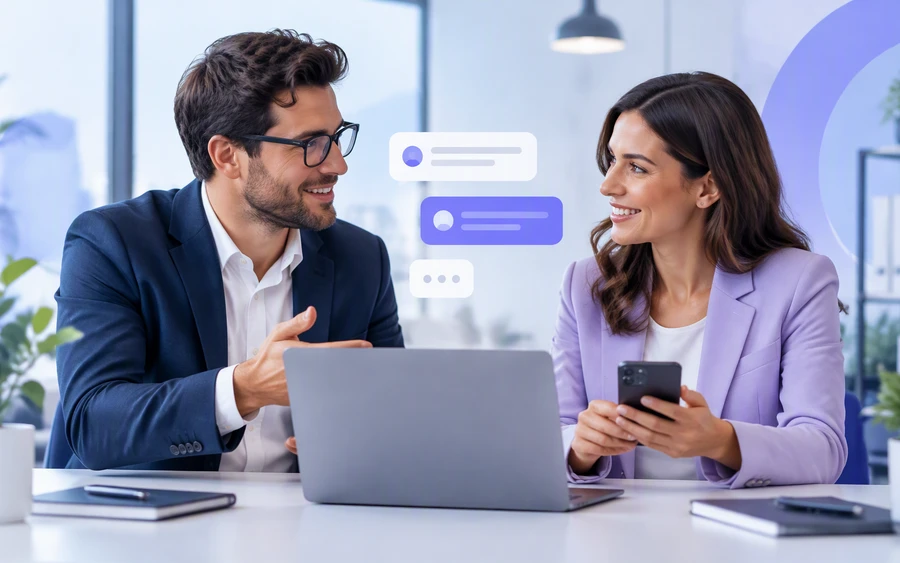 Zwei Personen im Geschäftsgespräch im Büro, Laptop und Smartphone mit Chat