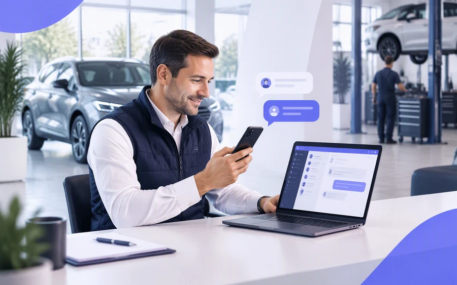 Service-Berater im Autohaus bearbeitet WhatsApp-Anfragen in Microsoft Teams