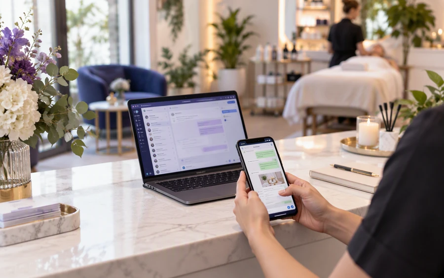 Funcionária de um salão de beleza trata dos pedidos de marcação de consultas pelo WhatsApp no Microsoft Teams