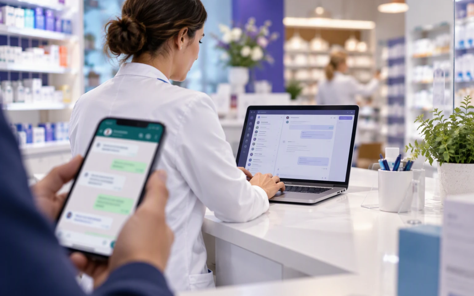 Mitarbeiterin einer Apotheke bearbeitet organisatorische WhatsApp-Anfragen in Microsoft Teams