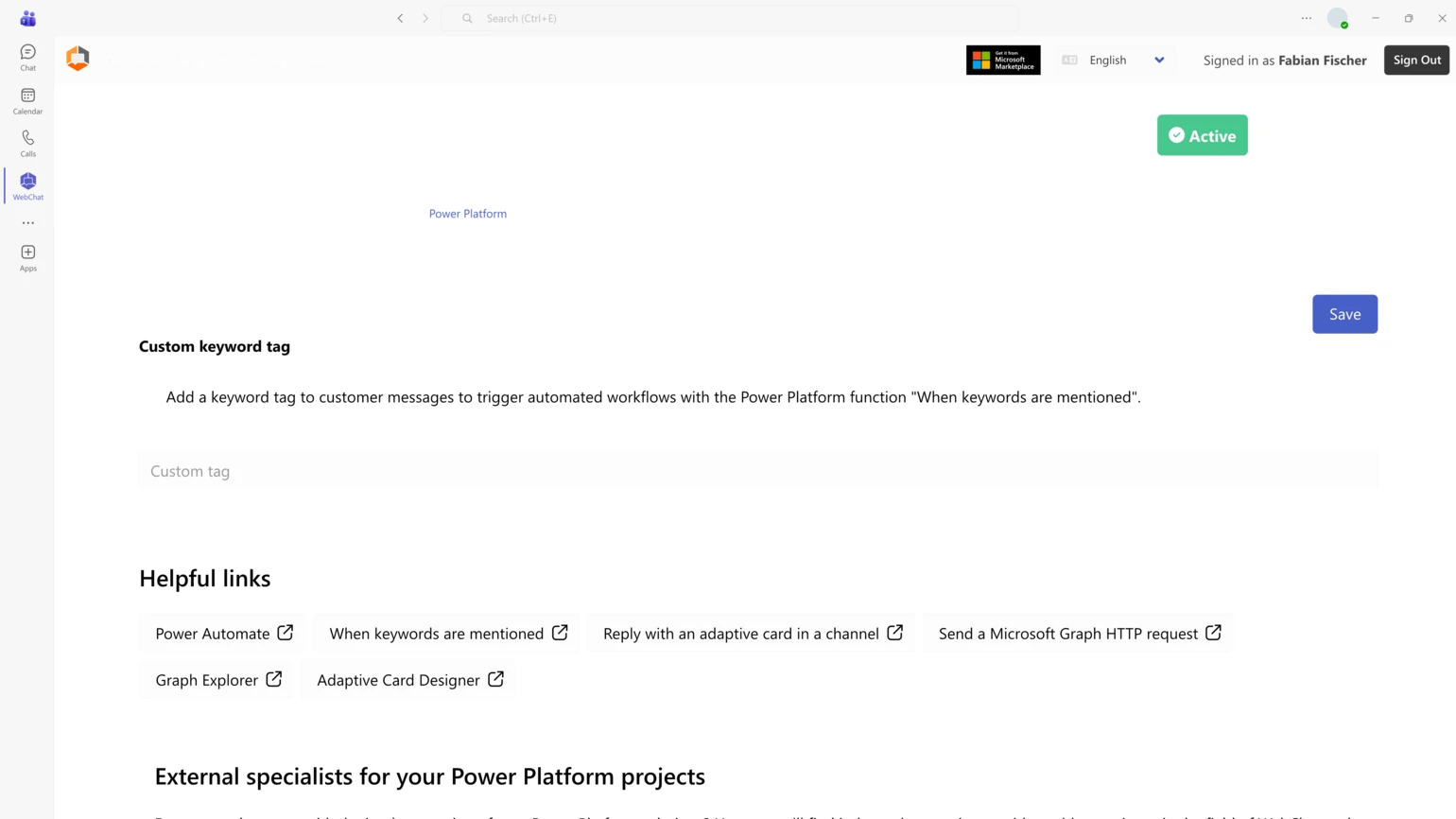 Tabblad WebChat PowerPlatform